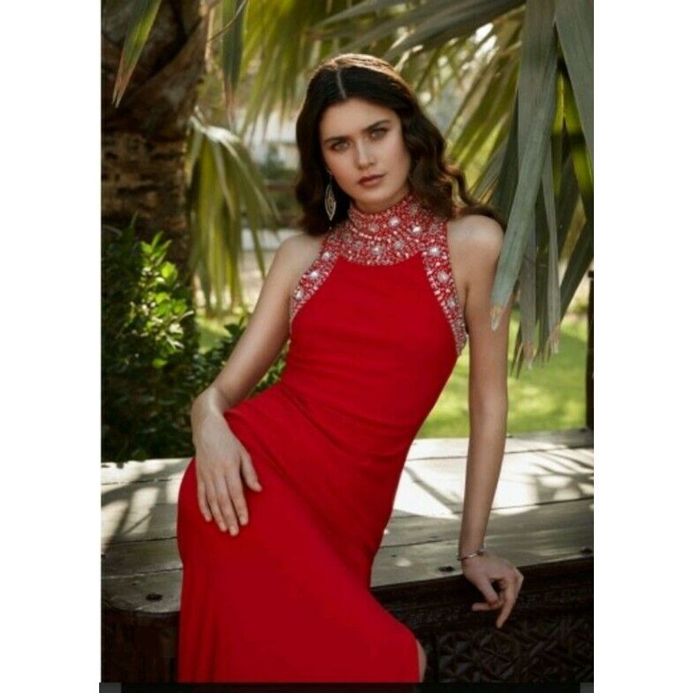 Bebe Red Beaded Mock Neck Dress High Slit XS US 2